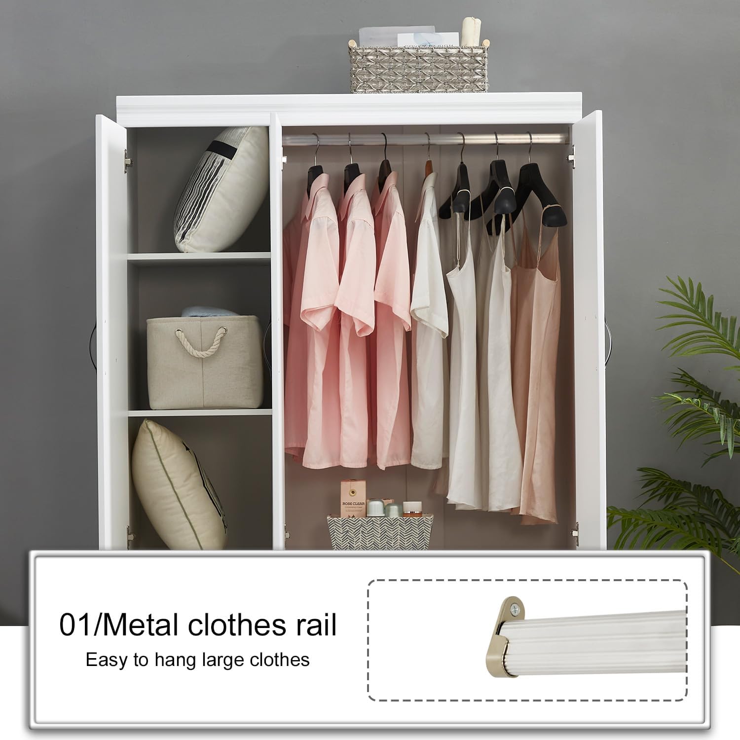 Wardrobe Armoire Storage Cabinet Wood, 3 Door 2 Drawers White Closet Wardrobe for High Storage Capacity