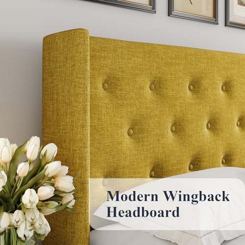 Allewie Full Size Lift Up Storage Bed, Modern Wingback Headboard, Hydraulic Support, No Box Spring Needed, Light Beige