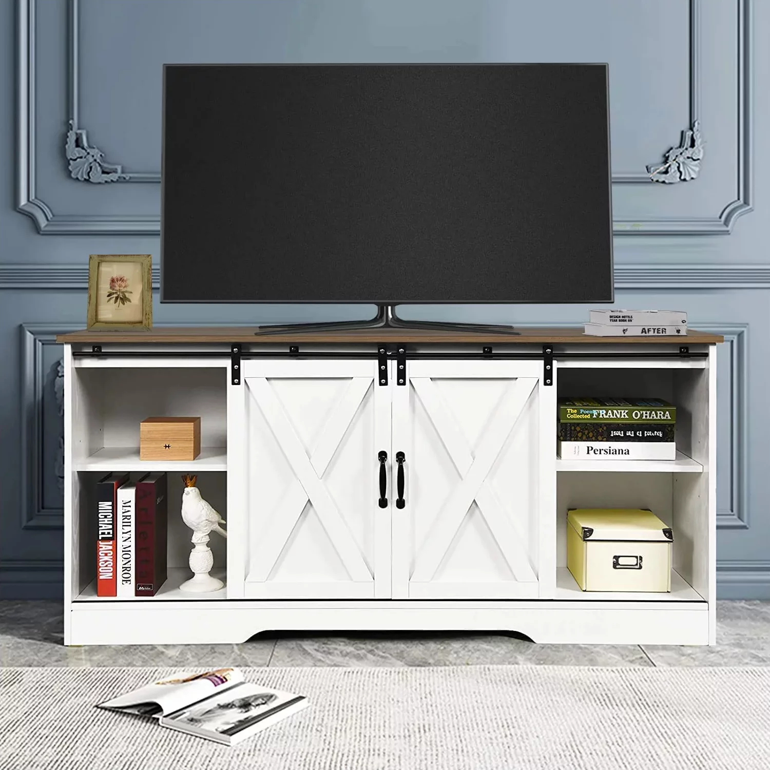 59'' Modern Farmhouse TV Stand for 65 inch TV, Sliding Barn Door Television Stands, Entertainment Center TV Media Console for Living Room, White
