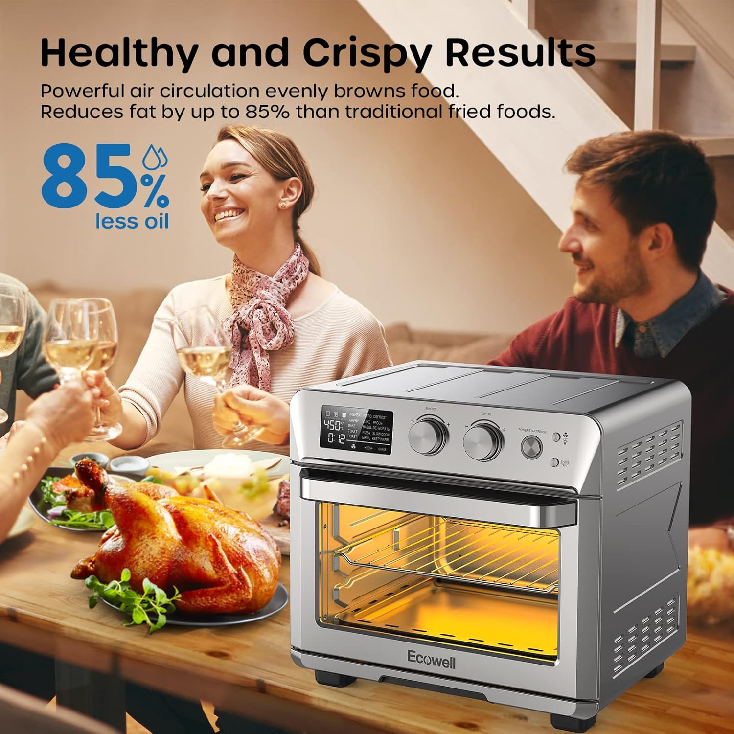 ECOWELL Air Fryer Toaster Oven Combo, 15-in-1 Airfryer Toaster Ovens Countertop, 26.4 QT Stainless Steel Air Fryers Convection Oven