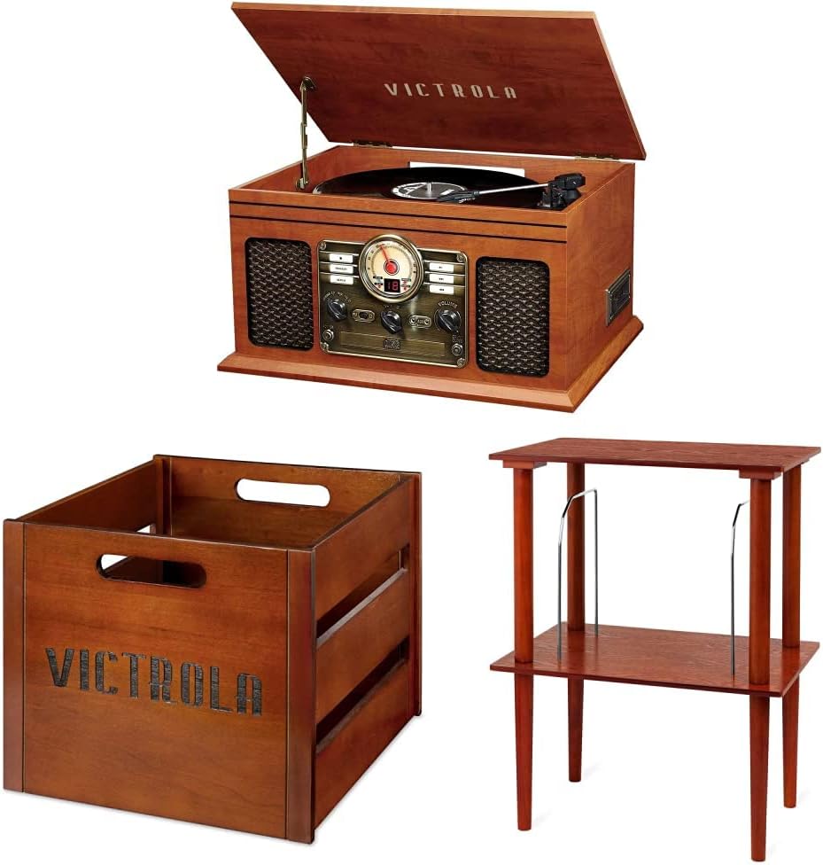 Victrola Nostalgic 6-in-1 Bluetooth Record Player & Multimedia Center + Wooden Stand for Wooden Music Centers with Record Holder Shelf + Wooden