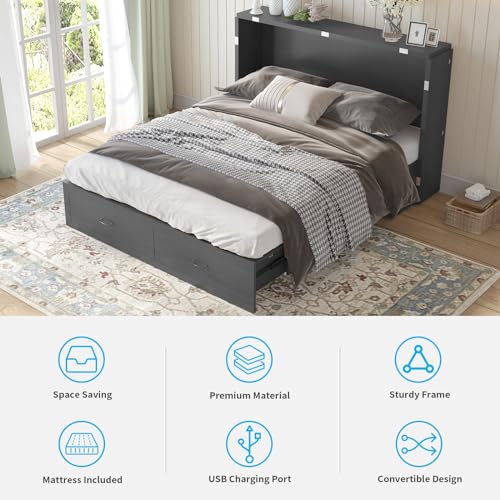 Mjkone Murphy Bed Cabinet,Built-in 3-Port Charging Station, 2 Storage Drawers, Foam Mattress, Queen Size Solid Wood Bed Cabinet