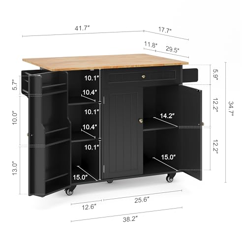 Ahomly Kitchen Island with Storage, Island Table for Kitchen with Drop Leaf, 5 Wheels, Interal Storage Rack, a Drawer, Spicy Rack and Towel Bar