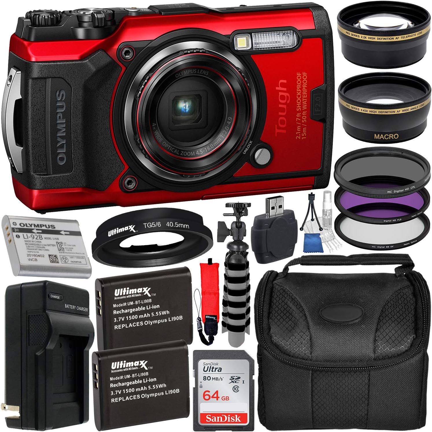 Olympus Tough TG-6 Digital Camera with Deluxe Accessory Bundle �?Includes: SanDisk Ultra 64GB SDXC Memory Card + 2X Seller's Replacement Batteries