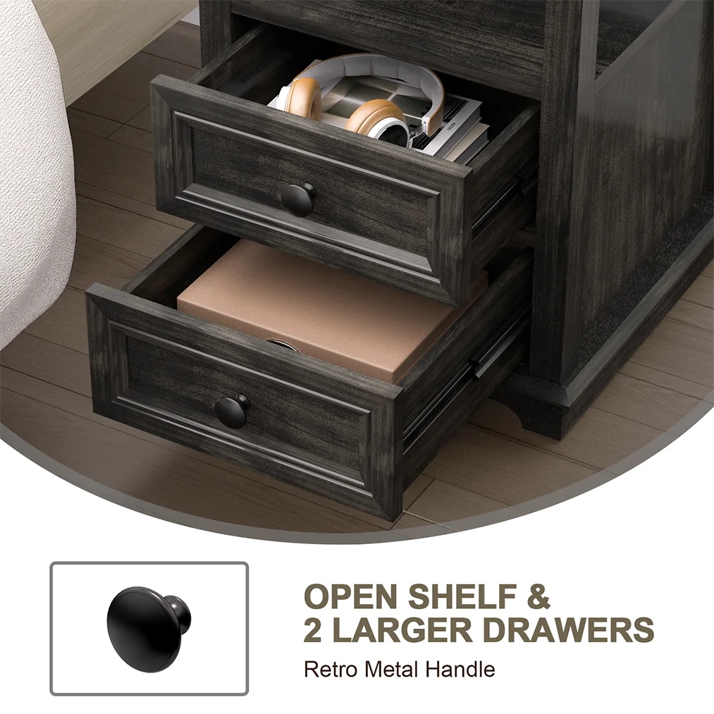 24” Tall End Table with Fast USB C Charging Station,Sofa Side Table with 2 Drawers, Large Storage Rustic Wood Square Storage Cabinet for Living Room