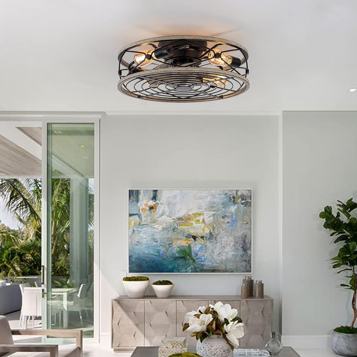 Caged Ceiling Fan With Light, 20 in Bladeless Ceiling fan With Remote Control