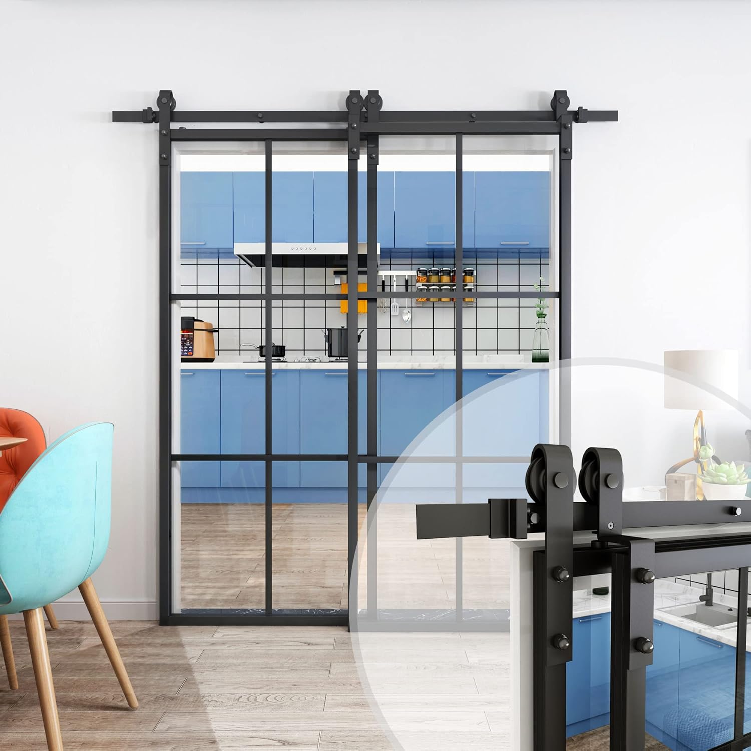 JUBEST Double Barn Door 60 x 84 in with 6.6FT Hardware Kit, 2 Sets of 30x84 in Clear Tempered Glass Aluminum Frame Barn Door,Pocket Interior Door