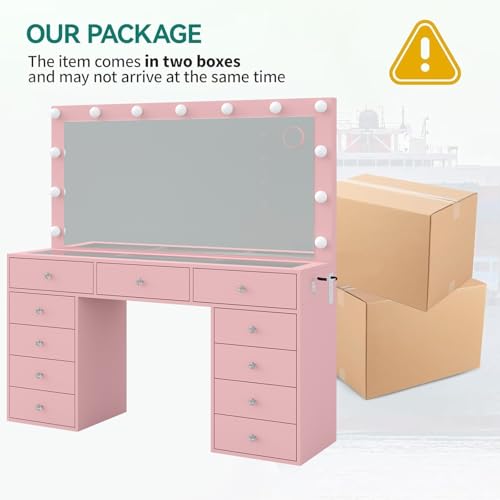 Vanity Desk & Power Outl, Makeup Vanity with Mirror and 12 LED Lights, Makeup Table with 11 Drawers, Vanity Table with Chair