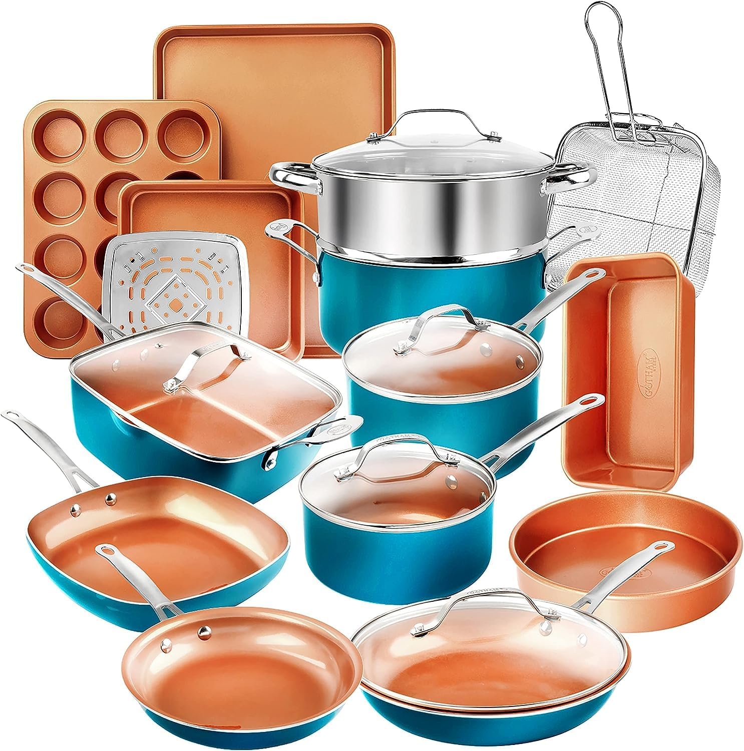 Gotham Steel 20 Piece Copper Pots and Pans Set Nonstick Cookware Set + Complete Ceramic Bakeware Set for Kitchen with Long Lasting Non Stick