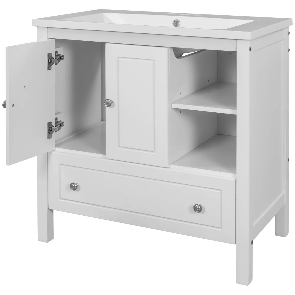 30" Bathroom Vanity with Sink, Bathroom Storage Cabinet with Doors and Drawers, Solid Wood Frame, Ceramic Sink, White
