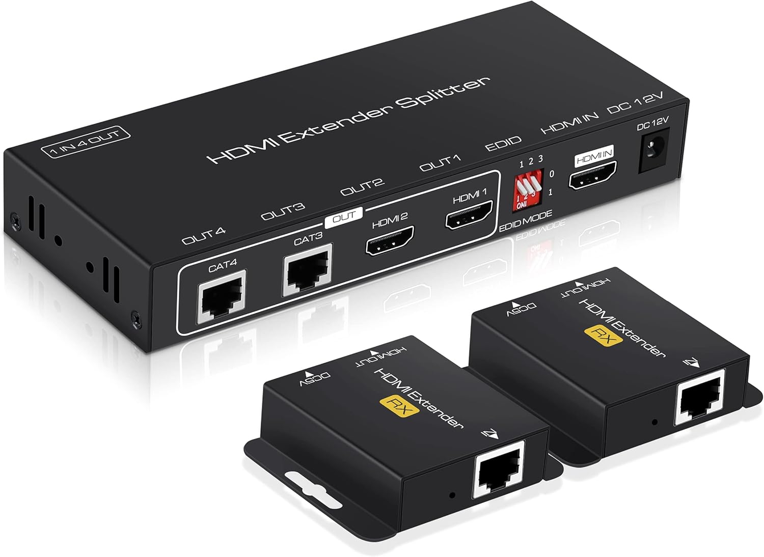 avedio links 1X4 HDMI Extender Splitter 165ft(50m), 1080P@60Hz HDMI Extender 1 in 4 Out Over CAT 5e/6/7, 4 Port HDMI Extender with POC Power Supply