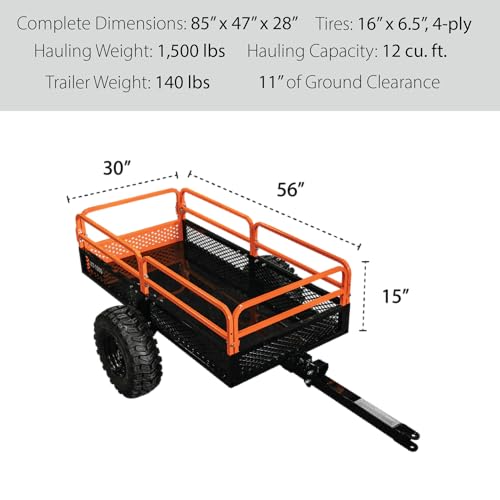 Impact IMPLEMENTS® 1500lb Utility Cart Cargo Trailer with Solid Steel Floor for Lawn/Garden Tractors, ATV's