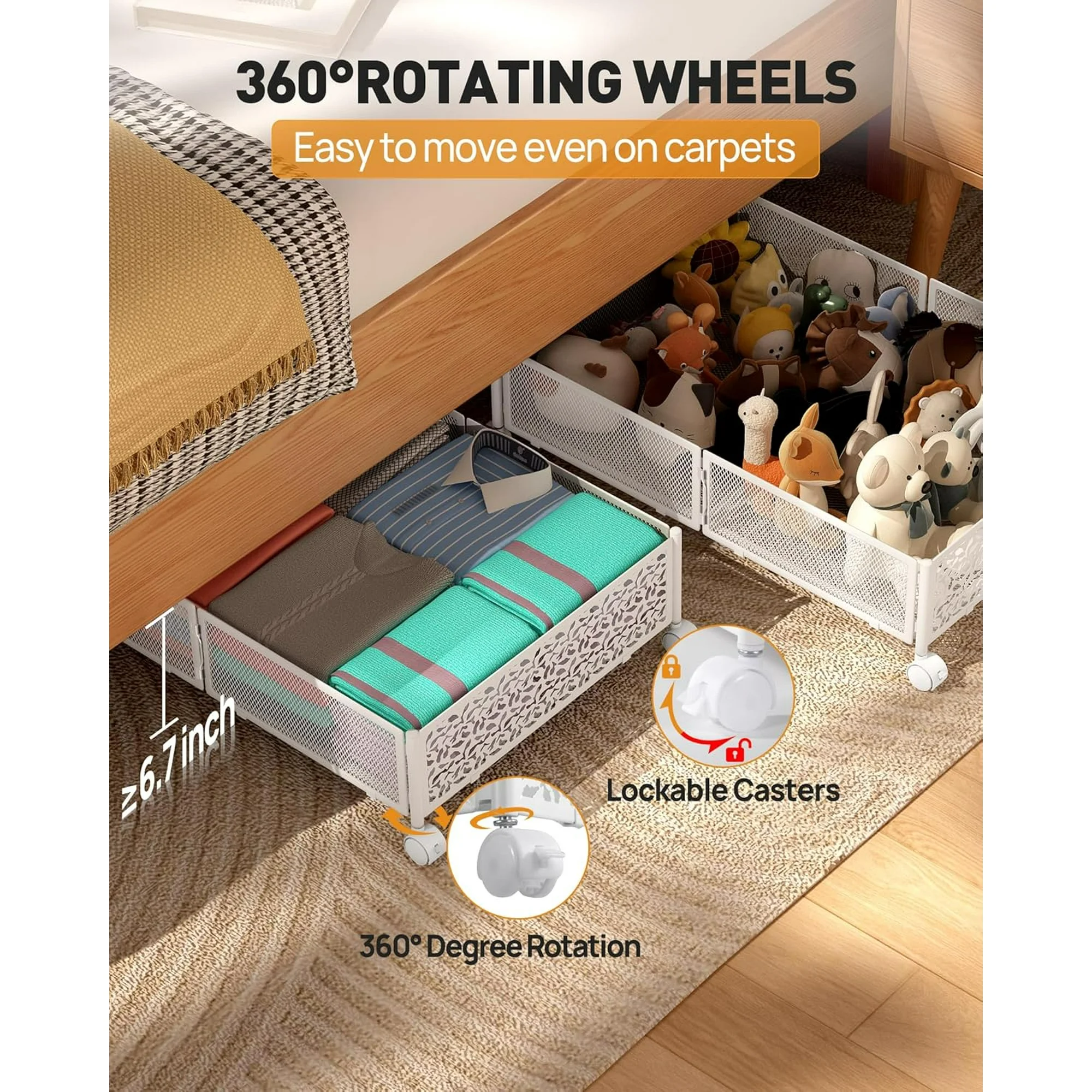 Under Bed Storage with Wheels, 2 Pack Foldable Metal Under Bed Storage Containers, 60L Rolling Underbed Storage