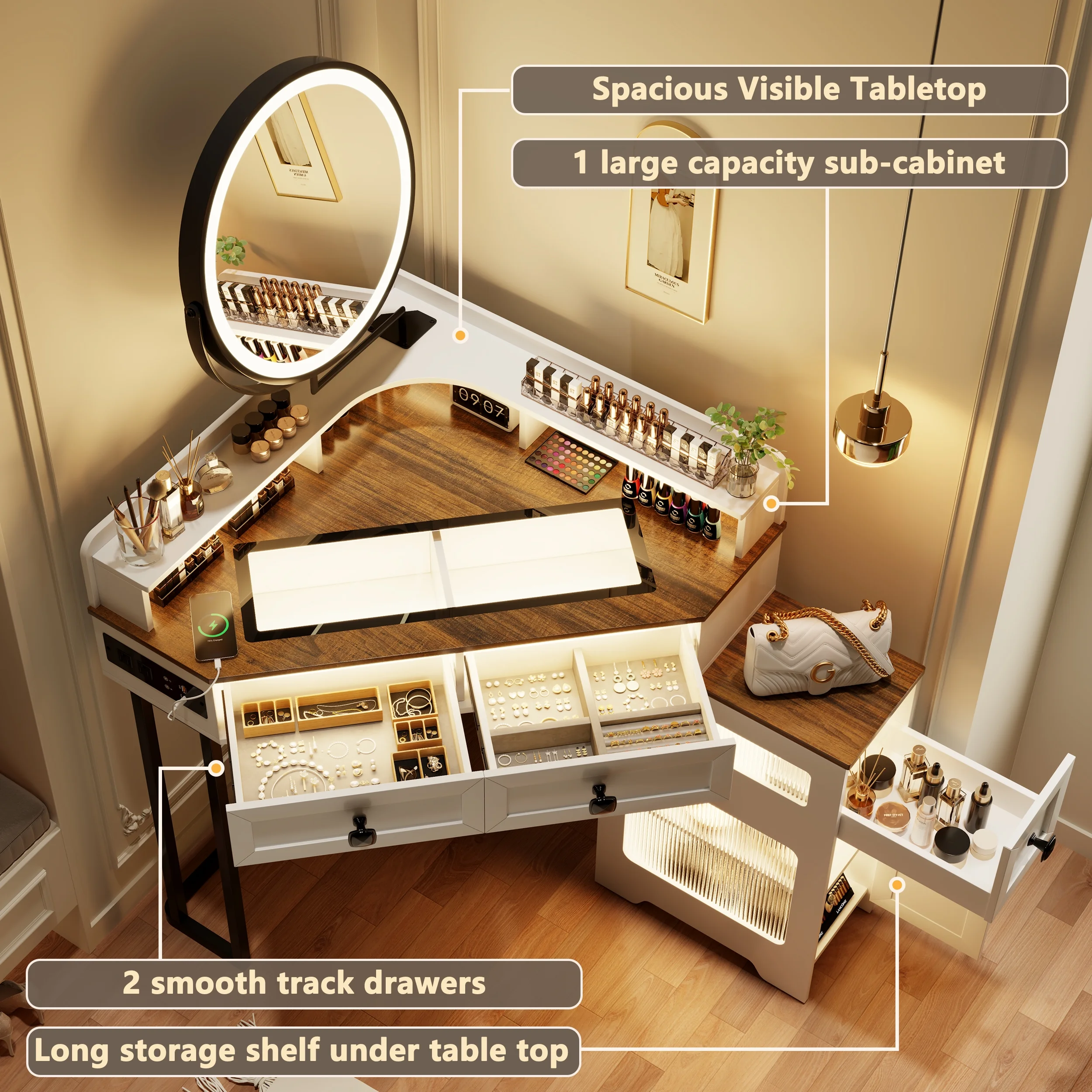 Corner Vanity Desk with Mirror and Lights, Modern Glass Top Makeup Vanity Set with Charging Station for Bedroom/Cloakroom (No Stool)