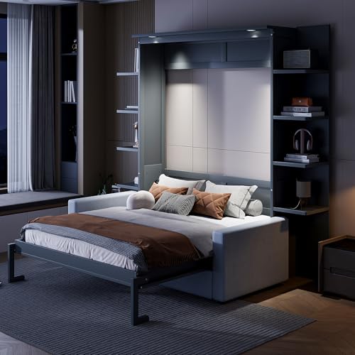 HABITRIO Queen Size Murphy Bed, Wooden Queen Murphy Bed Frame with Shelves, Wall Bed with L-Shape Sofa, White