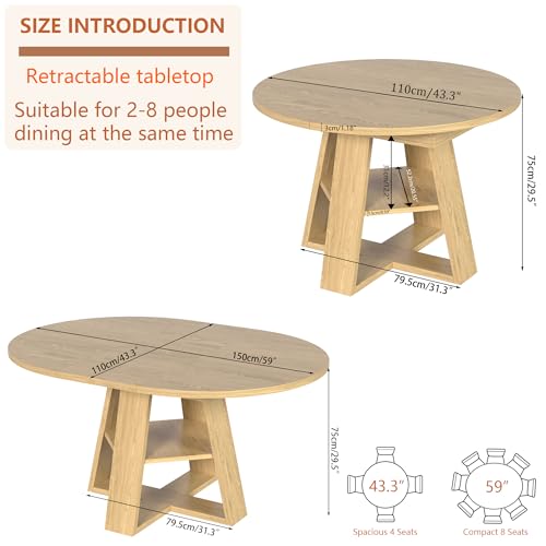 43.3in-59in Extendable Round Dining Table for 4-8,Modern Kitchen Oval Dining Table with Removable Leaves Space Saving