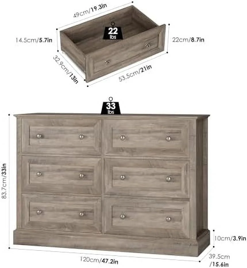 6 Drawer Double Dresser  Wood Dresser Chest  Wide Chest of Drawers with Deep Drawers &amp; Mental Double Handles for Hallway Living Room  Wash Gray