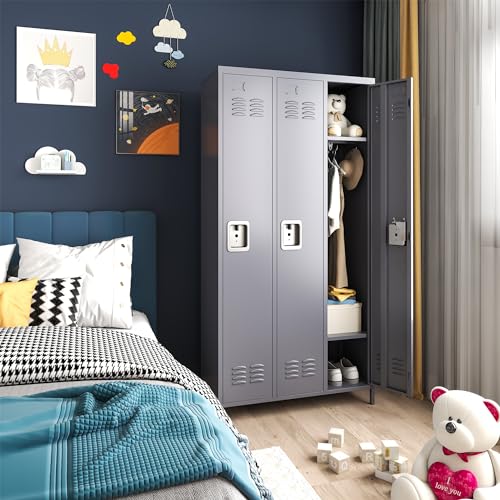 Metal Locker 3 Doors Storage Lockers for Employee,72" Tall Locker with Shelves and Hooks Steel Sports Locker for Office School Office Gym Home Garage