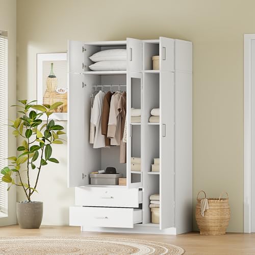 Wardrobe Closet, Wardrobe Closet with Doors, 1 Drawer and Top Cabinet, Modern and Simple Design, Lockable Drawer, Spacious Storage Space