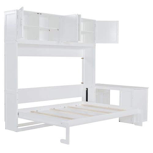 Harper & Bright Designs Twin Size Murphy Bed, Wooden Twin Wall Bed Frame with Closet, Drawers & Desk, White