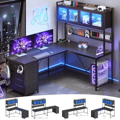 SEDETA L Shaped Gaming Desk with Drawers, L Shaped Computer Desk with Hutch and Storage Shelves, Gaming Desk with Pegboard, Led Lights