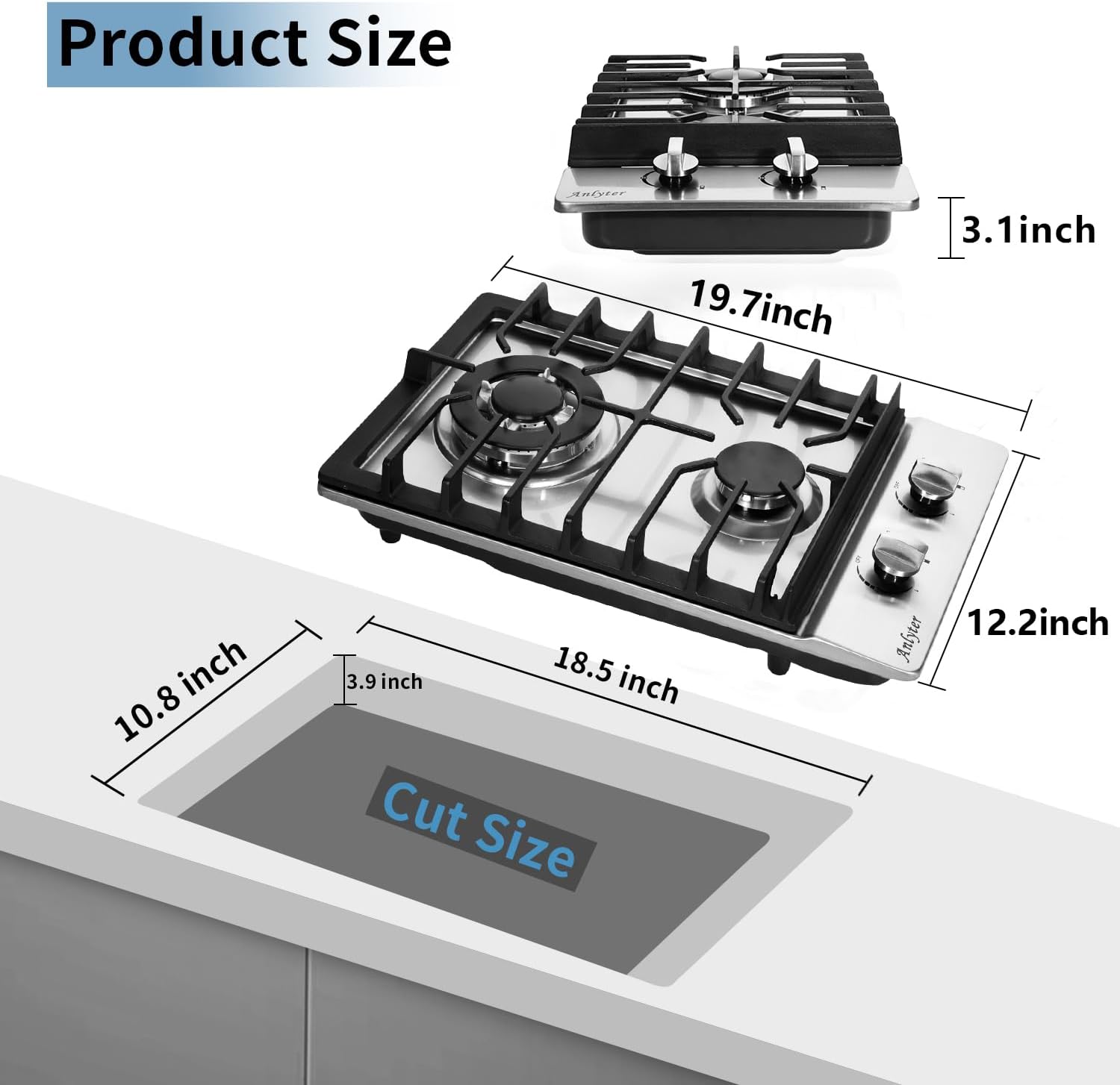 12 Inch Gas Cooktop, 2 Burners Built-in Gas Stovetop Stainless Steel Gas Stove Top Propane/Natural Gas Convertible Sealed Gas Cooktop for RVs