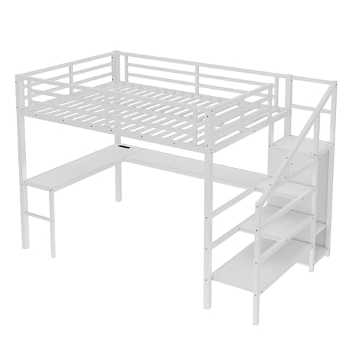 Bellemave Full Size Metal Loft Bed with L Shaped Desk and Wardrobe, Heavy Duty Loft Bed Frame with Storage Stairs