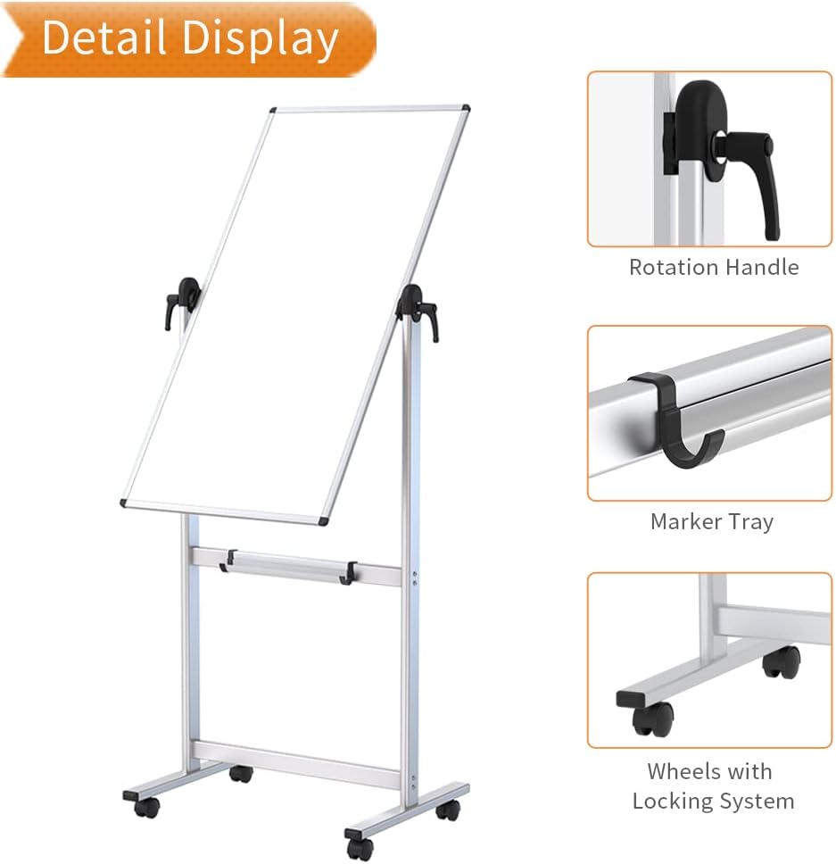 VIZ-PRO Double-sided Magnetic Mobile Whiteboard,48 x 24 Inches, Portrait Orientation,Aluminium Frame and Stand