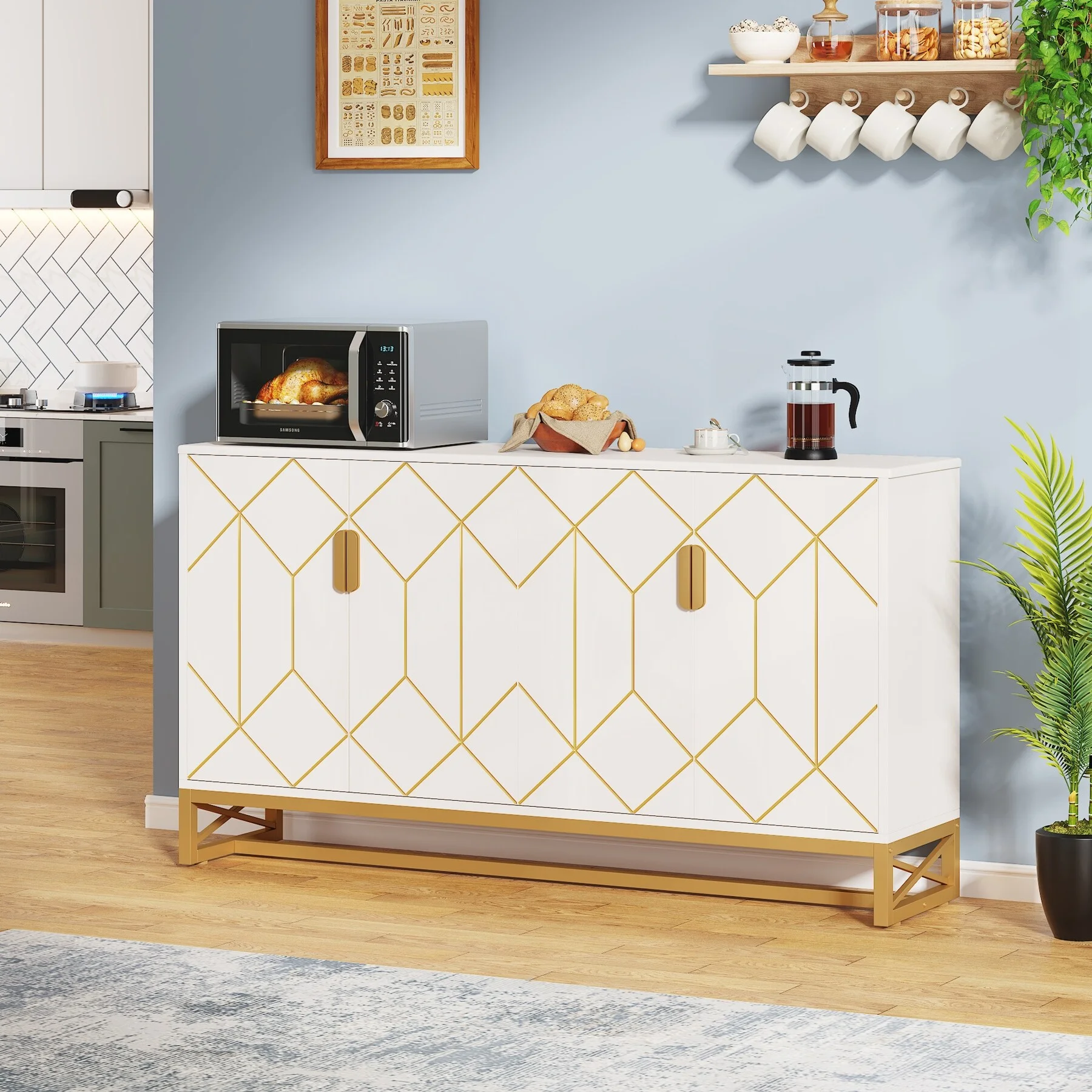 White Gold Buffet Cabinet with Storage Kitchen Sideboard Storage