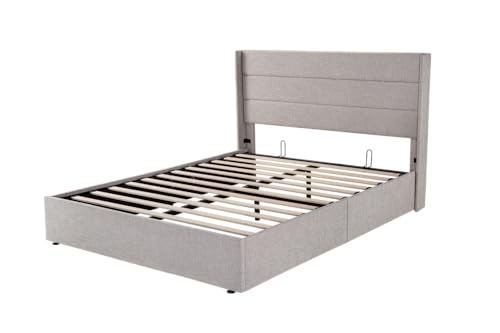 Allewie Full Size Lift Up Storage Bed, Modern Wingback Headboard, Hydraulic Support, No Box Spring Needed, Light Beige