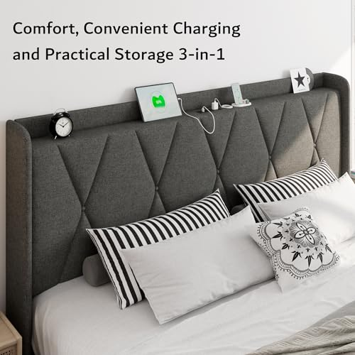 iPormis Queen Bed Frame with 4 Storage Drawers, Upholstered Platform Bed Frame with Charging Station, Modern Wingback Storage Headboard
