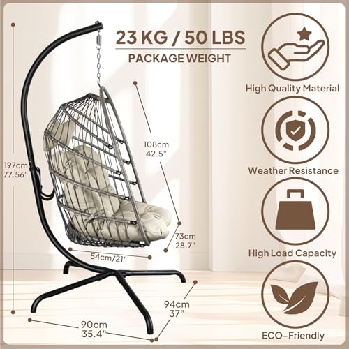 Chihee Egg Chair Foldable Wicker Rattan Hanging Chair Swing Chair Indoor Outdoor Patio Wicker Chair Hammock Chair with Stainless Steel Hanging Kit