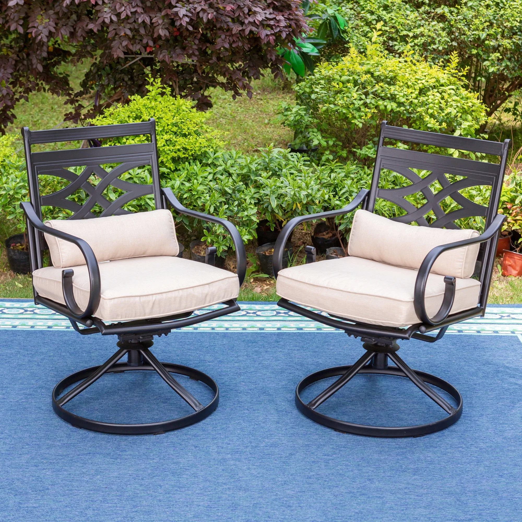 Summit Living 7-Piece Outdoor Dining Set with Swivel Cushioned Chairs for 6-Person, Umbrella Support, Black & Beige