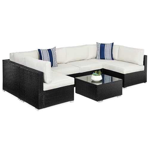 Best Choice Products 7-Piece Modular Outdoor Sectional Wicker Patio Conversation Set w/ 2 Pillows, Coffee Table, Cover Included - Gray/Navy