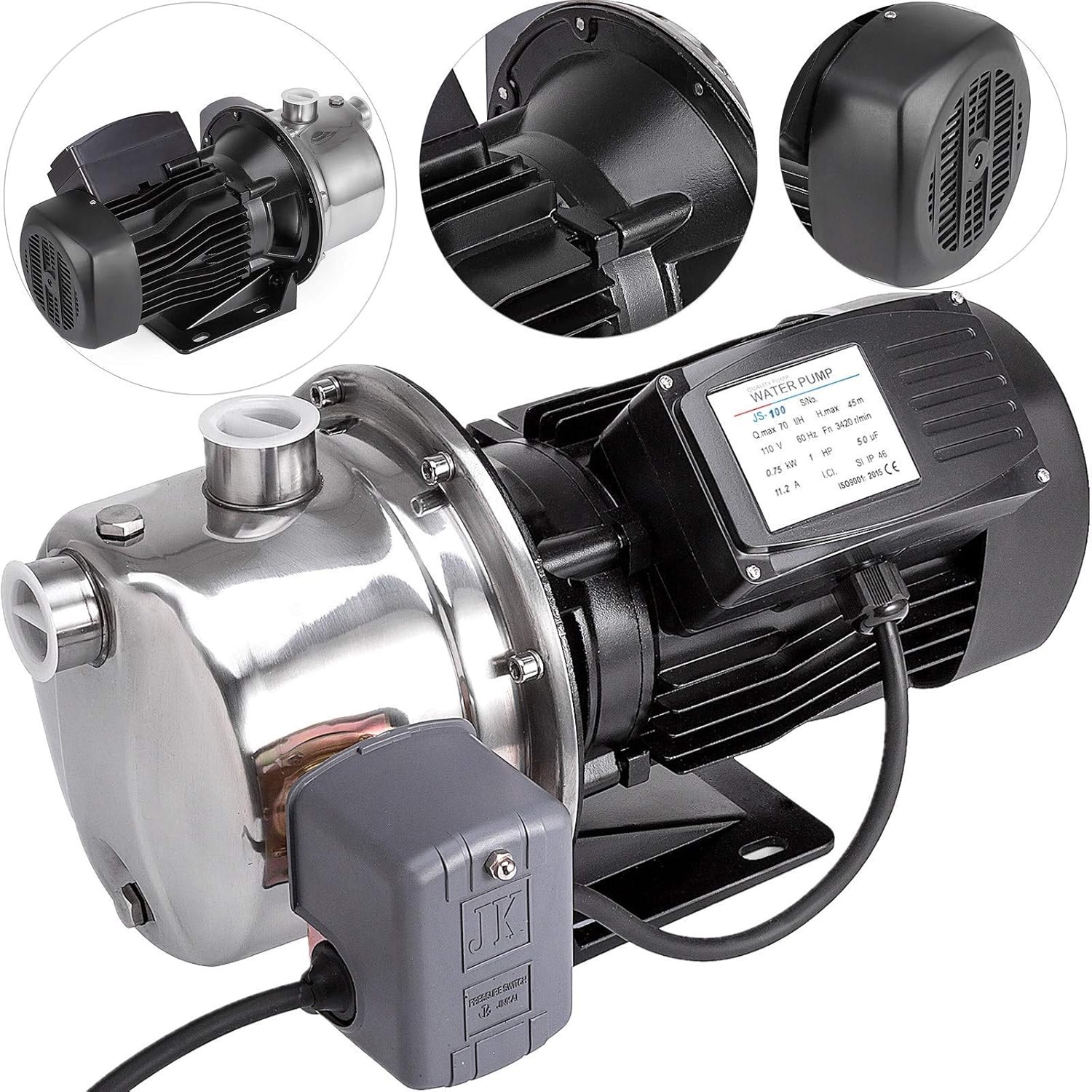 Happybuy Shallow Well Jet Pump with Pressure Switch 1HP Jet Water Pump 148 ft Stainless Steel Jet Pump to Supply Fresh Well Water to Residential