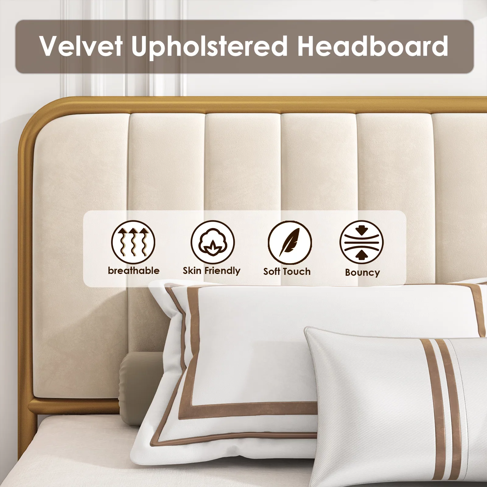 Homfa King Size 4 Drawers Storage Bed Frame, Gold Platform Bed with Tufted Upholstered Headboard, Beige