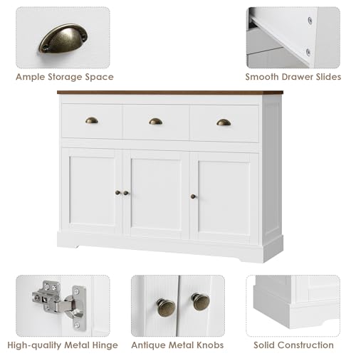 Keyluv White Buffet Cabinet Storage Sideboard Farmhouse Server Bar Wine Cabinet with 3 Drawers & 3 Doors Adjustable Shelves Console Table for Dining