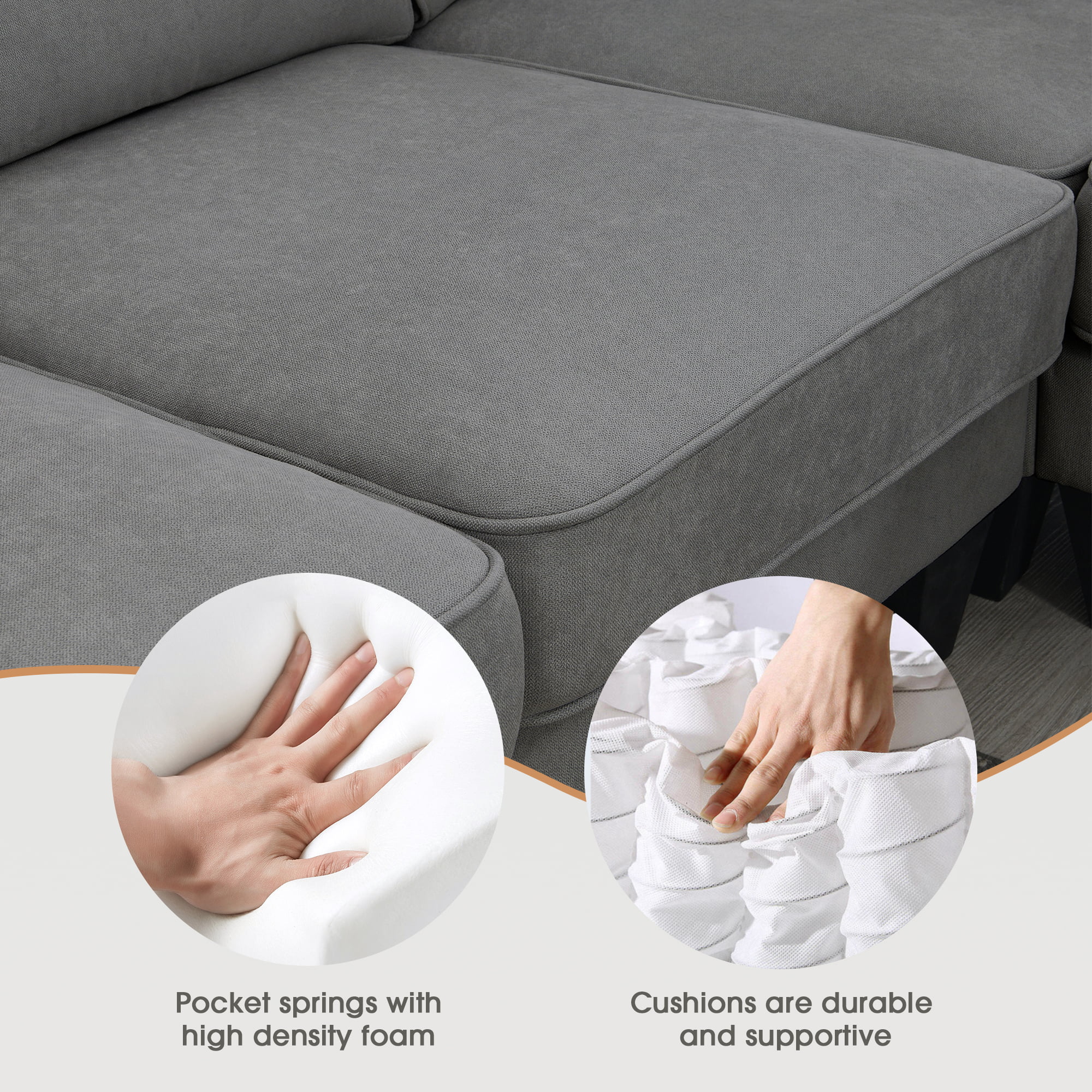 Euroco U Shape Sectional Sofa 7 Seat Modern Living Room Sofa Set with 3 Pillows, 108"x85.5", Dark Gray