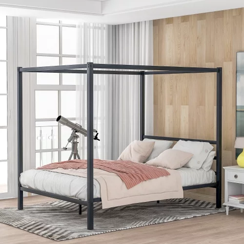 Queen Canopy Bed Frame Metal Four Posters 14 inch Platform with Built-in Headboard Strong Metal Slat Mattress Support,No Box Spring Needed, Black