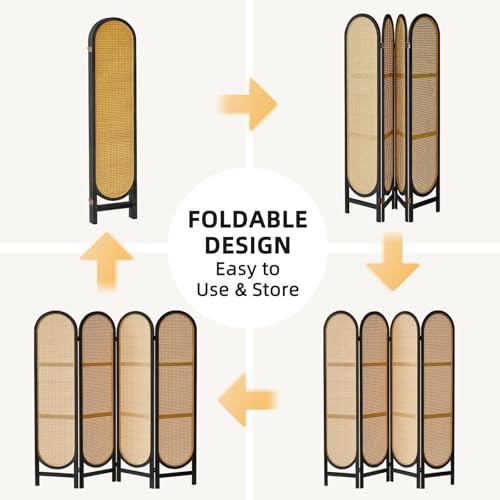 4 Panels Room Divider Wall, Foldable Wooden Room Divider, Individual Privacy Screen Made of Hand-Woven Rattan