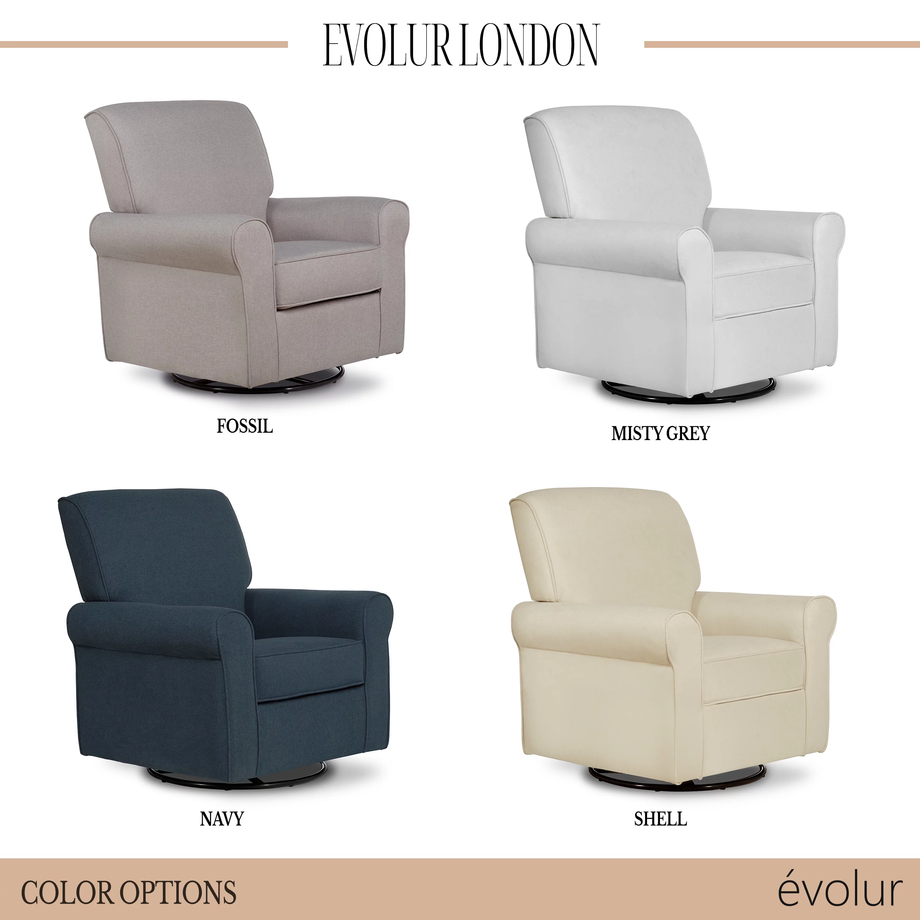Evolur London Upholstered 360 Swivel l Glider I Rocker I Nursery Glider I Durable Soft Fabric in Gray Finish