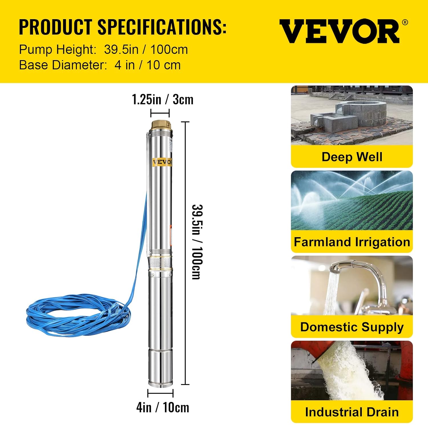 Happybuy Well Pump 1.5 HP 220V Submersible Well Pump 335ft Head 24GPM Stainless Steel Deep Well Pump for Industrial and Home Use