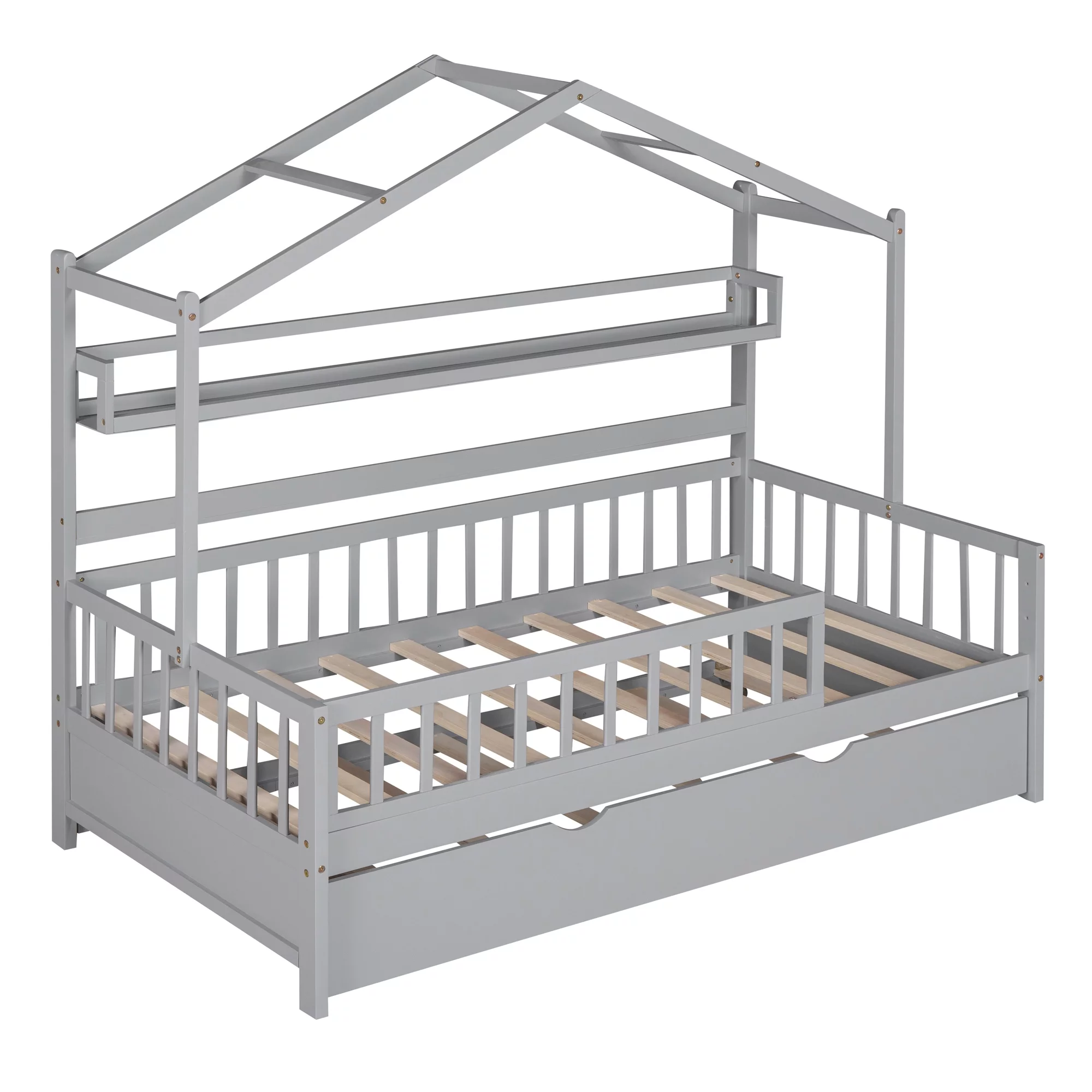 Euroco Wood Twin Size House Bed with Bookcase and Trundle for Kids, Gray