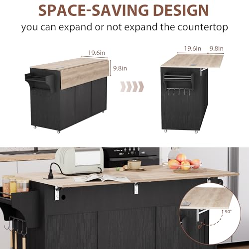 Kitchen Island with Storage, Kitchen Islands on Wheels with Drop Leaf&Power Outlet, Large Rolling Kitchen Island with Trash Can Storage