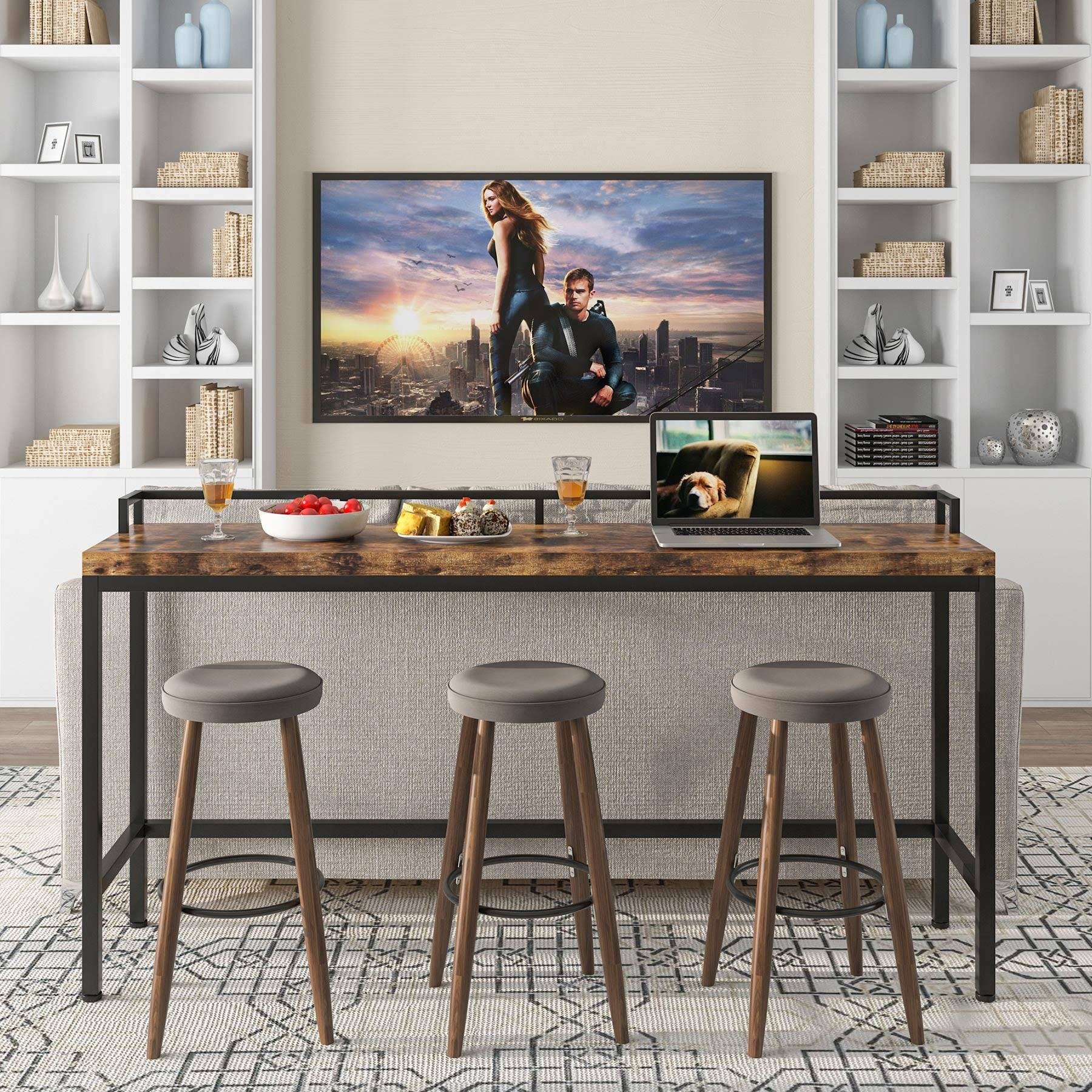 Narrow Sofa Couch Table, Long Console Table, Entrance Table, Bar Dining High Table - Brown