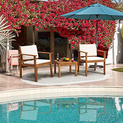 Flamaker Patio Chairs 3 Piece Acacia Wood Patio Furniture with Coffee Table & Cushions Outdoor Conversation Set Balcony Chairs for Porch, Deck