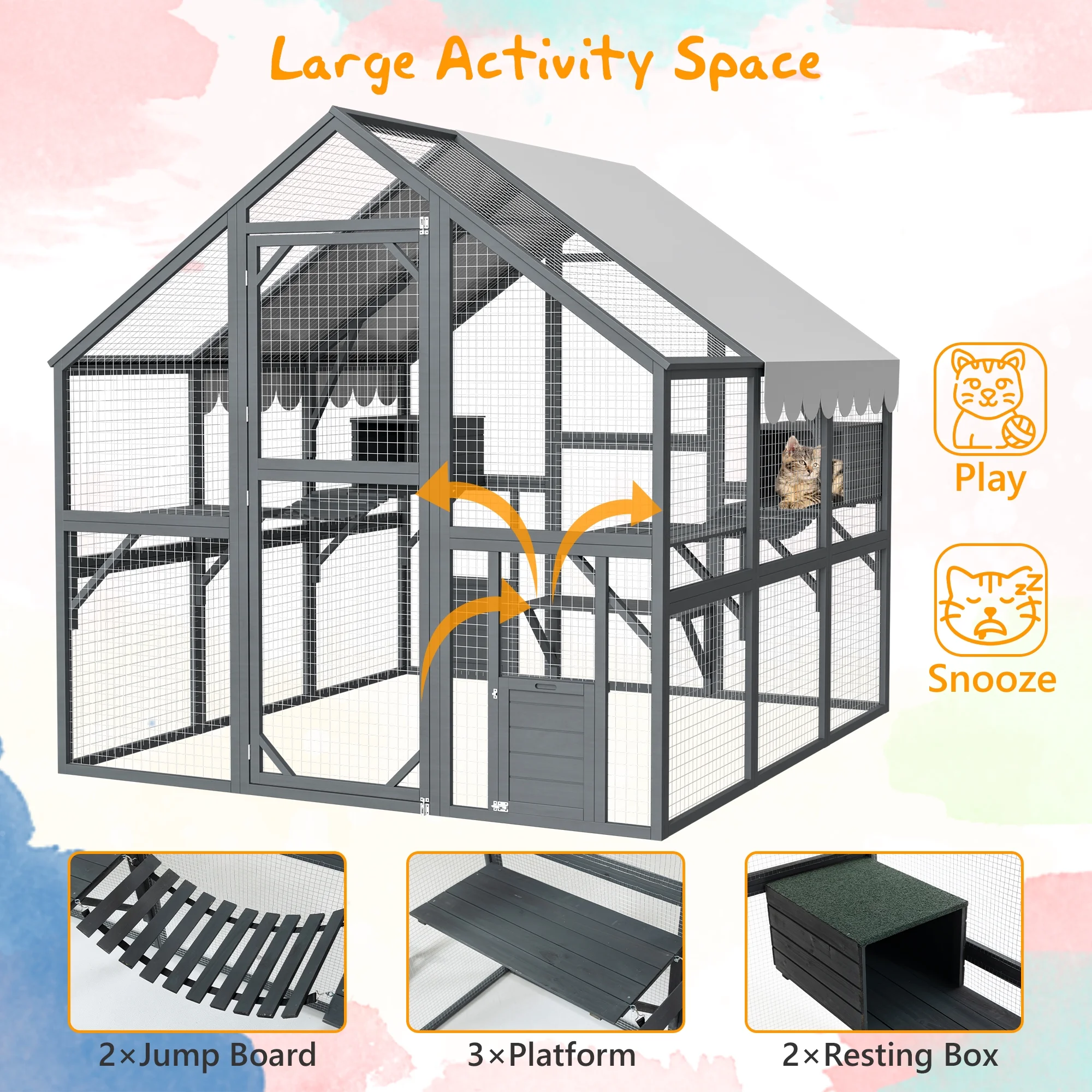 Montary Catio Outdoor Cat Enclosure with Window Access, 4-Tier Cat House with Wheels, Waterproof Roof &amp; Resting Box, Large Gray Cage