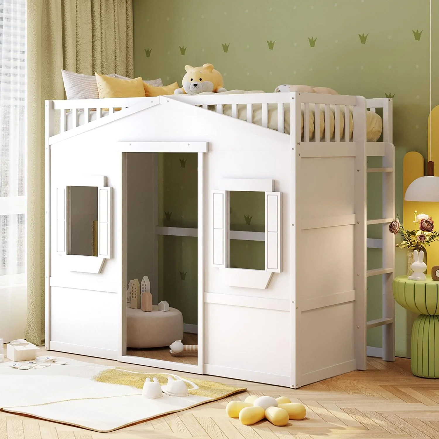 Size House Loft Bed For Kids, Wood High Loft Bed Frame With Side Ladder, 51.6" Under-Bed Space Can Be Storage Or Play For Girls, Boys