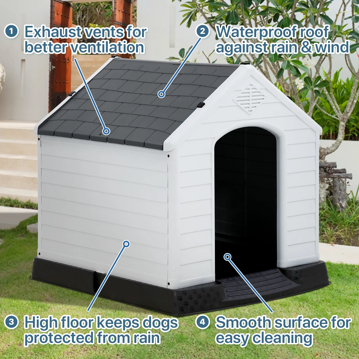 Extra Large Dog House for Large Medium Dogs 41x37.4x39 inch Plastic Water Resistant Dog Houses with Hight Base Support for Winter Tough Durable House
