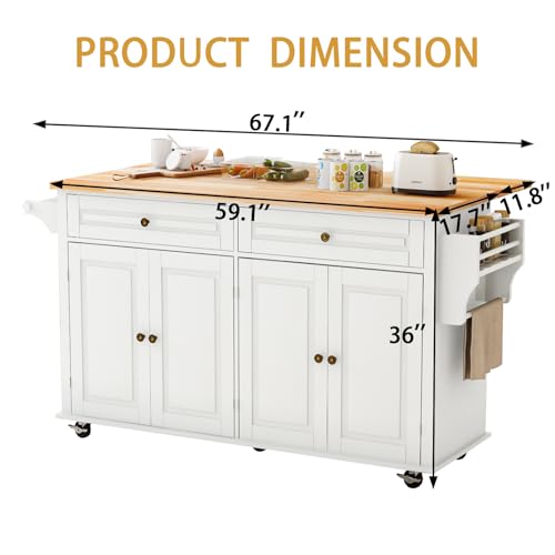 67’’ Movable Kitchen Island with Drop Leaf and Power Outlet, Lockable Sliding Countertop Rolling Island Cart with 2 Large Drawers, Spice, Towel Rack